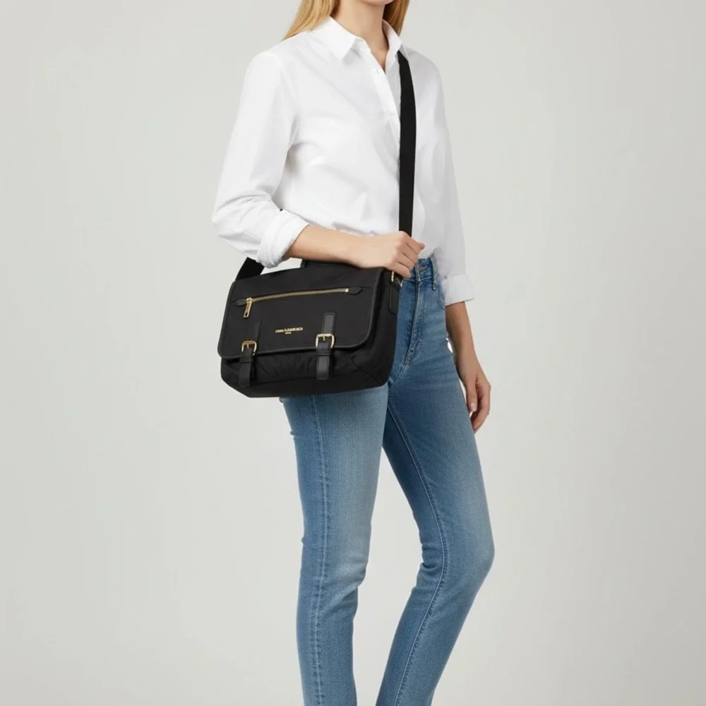 Karl Lagerfeld Paris Black Nylon Messenger Crossbody Bag EUC